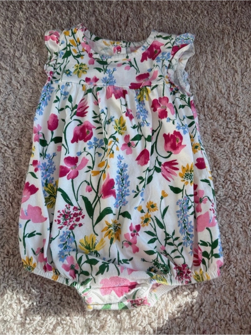 Old Navy White Floral Bubble Romper with Pink, Yellow & Blue Flowers